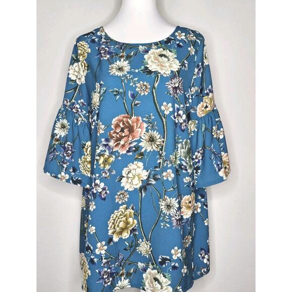 Bryn Walker Diego Tunic Teal Blue Floral Size Medium Bell Sleeves - Picture 13 of 13